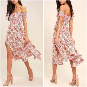 Lulu’s View from the Meadow Cream Floral Print Off-the-Shoulder Dress, Large